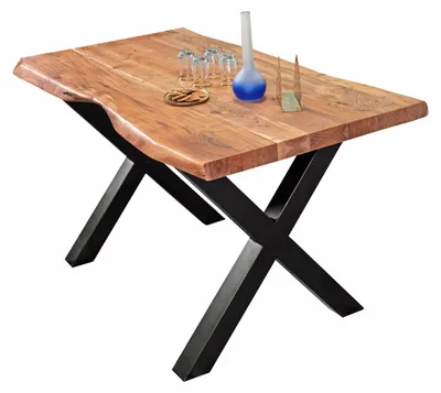 Produktbild von Esstisch Baumkante massiv Akazie Natur 180 x 90 X-Gestell schwarz CALI