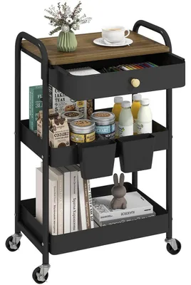 Immagine prodotto di Carrello a 3 ripiani con cassetti in metallo e piano in legno, adatto per cucina, soggiorno e bagno
