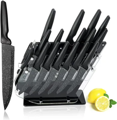 Produktbild von Küchenmesser-Set 17-teilig mit Messerblock – Hochwertige Edelstahlmesser, 6 Steakmesser, Küchenschere, Schwarz