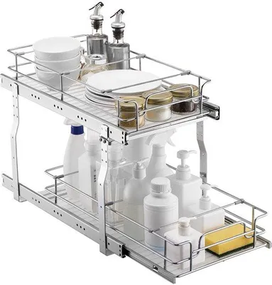 Obrázek produktu pro Unyqoos® – výsuvný kuchyňský regál se dvěma úrovněmi pro efektivní využití úložného prostoru pod dřezem