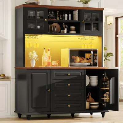 Produktbild von okwish Küche Hochschränke mit RGB-LED und 4 Schubladen,Küchenschrank mit Weinglashalter,verstellbaren Einlegeböden, Hochschrank,Schwarz