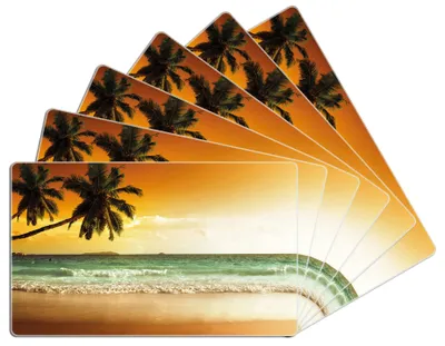 Produktbild von Wallario Frühstücksbrettchen 6er Set aus Glas, je 14 x 23 cm, mit rutschfesten Füßen, Motiv Palmen am Sandstrand bei untergehender Sonne