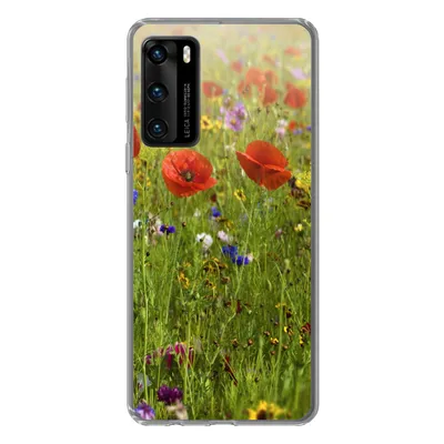 Produktbild von MuchoWow® Handyhülle Schutzhülle Hülle für Huawei P40 Frühling - Blumen - Rot - Mohn - Gras - Grün Silikon Softcase Handy Hülle - Handytasche