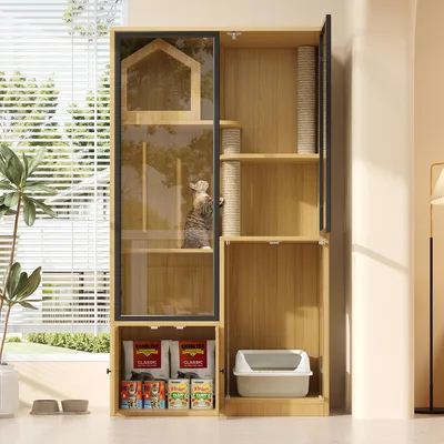 Produktbild von MODFU Kleintier-Häuser Katzenvilla mit Kratzpfosten und Glas design,Katzenhaus mit vierstockiger Katzenzaun,Ahornholzfarbe