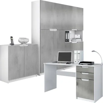 Produktbild von Vladon Büromöbel Arbeitszimmer komplett Set Logan,  Germany, Korpus in Weiß matt / Fronten in Beton Oxid Optik