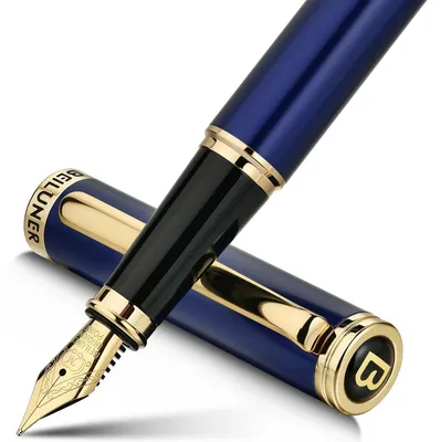 Image de Stylo plume bleu avec plume plaquée or (taille moyenne), coffret cadeau de luxe comprenant un convertisseur