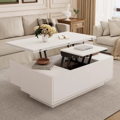 Produktbild von MODFU Couchtisch Wohnzimmertisch mit Doppel-Hebemechanismus,Sofatisch Kaffeetisch mit verstecktem Stauraum,Freizeittisch,Sideboard,Weiß