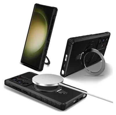 Three views of a black phone case with a magnetic ring stand and a charging puck.
