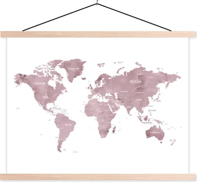 Produktbild von MuchoWow® Textilposter Weltkarte - Rosa - Design 120x90 cm mit holzfarbenen Rahmen - Magnetisch