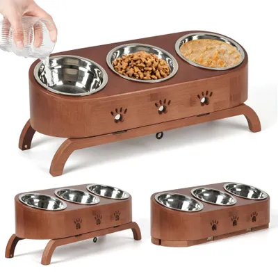 Produktbild von Katzennapf Erhöht 3er Set, Ergonomischer Fressnapf 15° Neigung, Höhenverstellbar mit Holzständer, Edelstahl-Näpfe Ø12cm für Katzen & Welpen