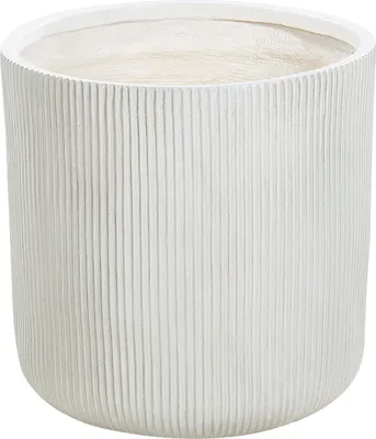 A white, ribbed, cylindrical planter pot.