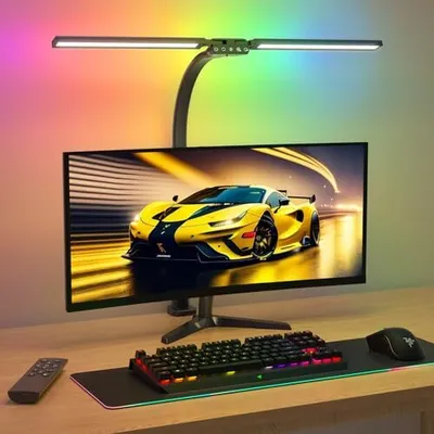Produktbild von RGB Double Head Desk Lampe LED Dimmbar 22 W 80 cm Klemmwerfer Fernbedienung, rotierender Tisch Augenschutz Schwierigkeiten Office Monitor (5 Farbe