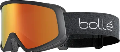 A pair of ski goggles with an orange/red lens and a black strap with the brand name 'bollé' printed on it.