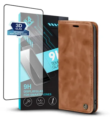 Produktbild von Handy Hülle für Samsung Galaxy S9 mit 9H Displayglas Klapphülle Bookcase Flip Cover Handy Tasche Etui Farbe: Hellbraun