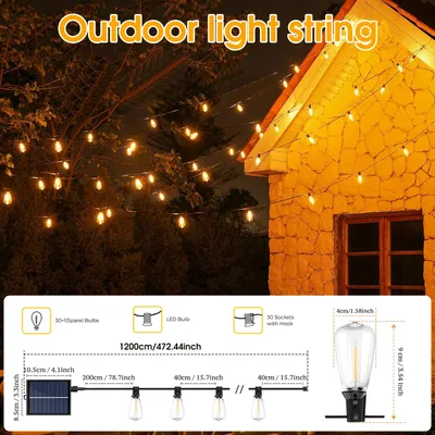 Produktbild von Solar-Lichterkette - ST38-Außenbeleuchtung - 12 m - 30 eiförmige LED-Lampen - Fernbedienung - Dimmbar - IP44