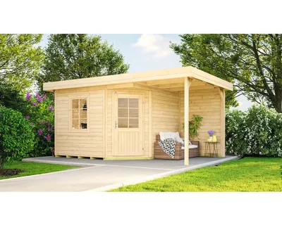 Produktbild von WEKA 213.3030.40100 Gartenhaus/Blockbohlenhaus Fides 2 mit Anbau (158 cm)/Einzeltür/Einzelfenster ; Größe: 2 ; Farbgebung: Naturbelassen ; Wandstärke: 28 mm ; Maße (LxBxH): 456 cm x 348 cm x 237 cm ; Seitenwandhöhe: 226 cm
