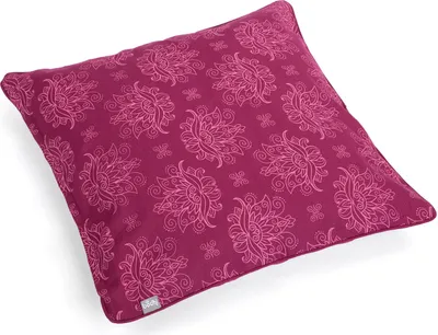 A square cushion with a floral pattern on a white background.