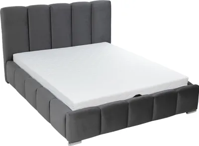 A gray upholstered bed frame with a white mattress on a white background.