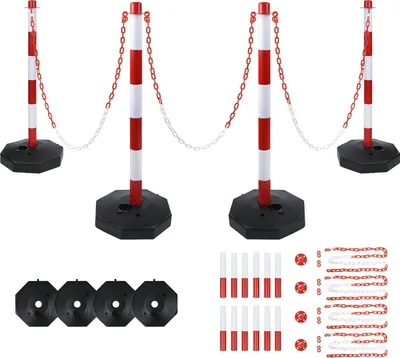 Produktbild von JOIEYOU závorový sloupek 4 kusy závory na parkoviště se 4 závorovými řetězy 140cm plastové závory na parkoviště pro řízení dopravy na parkovištích