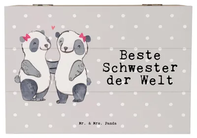 Produktbild von Mr. & Mrs. Panda Holztruhe Panda Beste Schwester der Welt 22 x 15 cm - Grau Pastell - Geschenk, Box, Familie, fotobox, Kiste, Geschenkbox, Tochter, Kleinigkeit, Sister