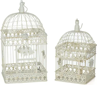 Obrázek produktu pro sada 2 dekorativních kovových klecí na ptáky starožitná bílá H 55/47 cm vintage vzhled s ptačími ornamenty k zavěšení nebo postavení Dekorativní klec ve stylu venkovského domu starožitná ošuntělá nostalgie