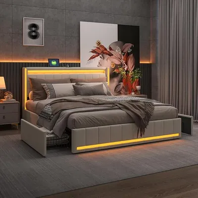 Imagen del producto de Cama de 140 x 190 cm con somier y función de carga USB, baúl para cama de 140 x 190 cm con espacio de almacenamiento y cabecero, cama doble tapizada con 4 cajones y estructura de cama, fabricada en lino, color beige