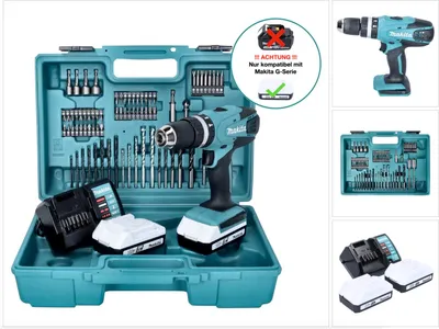 Image de Perceuse-visseuse à percussion sans fil Makita HP457DWE10, en coffret de transport, avec 74 pièces d'accessoires, deux batteries BL 1815G 18 Volt 1,5 Ah