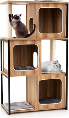Produktbild von GOPLUS 133 cm Katzenbaum mit Metallrahmen, 3 Katzenhäusern, Sisal-Kratzstangen & -Brett, Waschbare Kissen, Natur