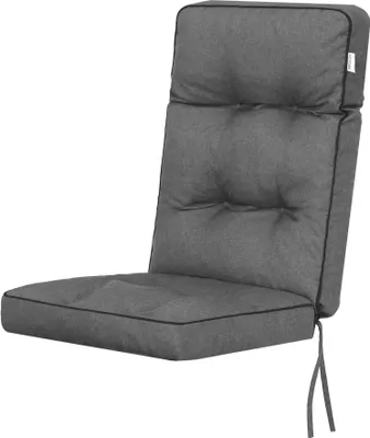A gray chair cushion with tufting and black piping, shown against a white background.