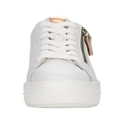 A front view of a white Remonte sneaker with a tan accent on the heel and a zipper on the side.