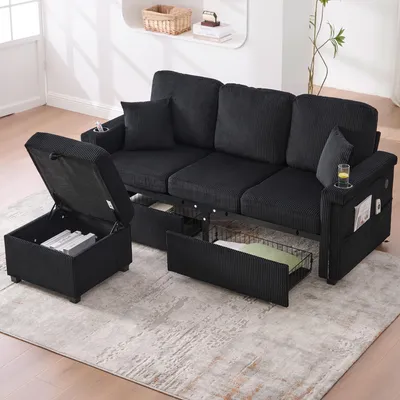 Image de okwish Canapé en velours avec éclairage LED, canapé classique avec porte-gobelets et poches latérales intégrés, velours – noir