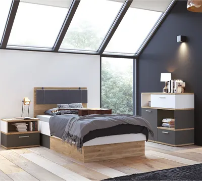 Produktbild von Jugendzimmer Set 3-teilig TOMAR-129 mit Bett 90x200 cm in Eiche Nb. mit weiß und grau