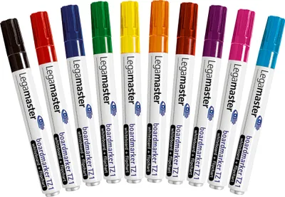 Produktbild von Legamaster TZ 1 Boardmarker sortiert 10St, 10 Stück(e), Schwarz, Blau, Braun, Grün, Navy, Orange, Pink, Rot, Violett, Gelb, Weiß, 1,5 mm, 3 mm, 134 g