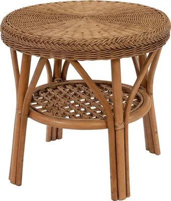 A round rattan side table with a woven top and a lower shelf, shown against a white background.