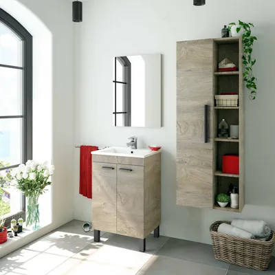 Produktbild von Säule für das Badezimmer LosAngeles, Säulenschrank für Badezimmer mit 1 Tür, Hängeschrank mit 5 Einlegeböden, 51x25h135 cm, Eiche
