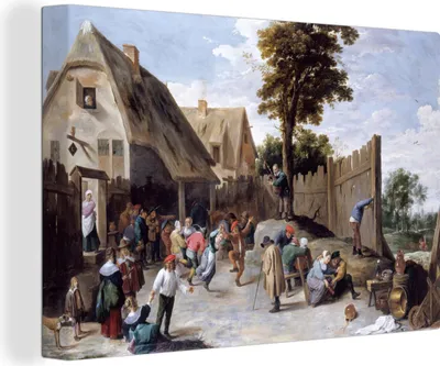 Zdjęcie produktu dla OneMillionCanvasses® - Obraz na płótnie - 140x90 cm, Chłopi tańczący przed karczmą - Obraz Davida Teniersa Młodszego, Dekoracja ścienna z nadrukiem