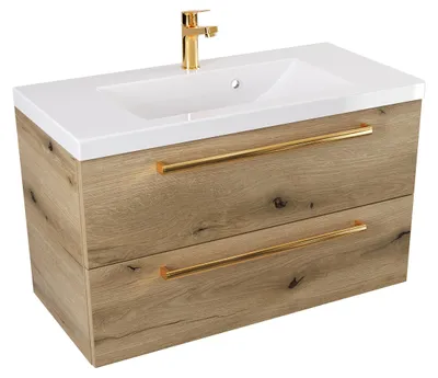 Produktbild von ATHD Wandhängender Waschtischunterschrank 80 cm - Evoke Matt Eiche - Griffe aus poliertem Gold