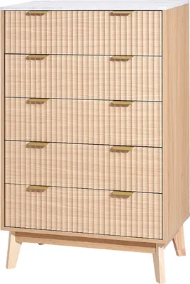 Image de SucceBuy Commode 5 tiroirs en bois, façades striées, anti-basculement et fonction coulissante