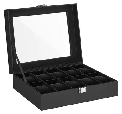 Produktbild von Uhrenbox für 10 Uhren mit Schublade und Glasdeckel - Schwarz - 20,2 x 25,5 x 7,8 cm