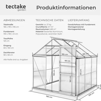 Produktbild von Gewächshaus mit Fundament 5,85 m³ 185 x 190 x 195 cm