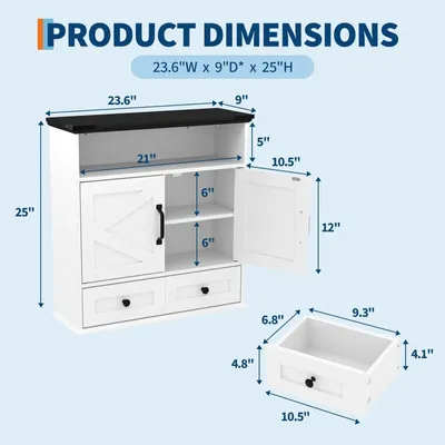 Produktbild von Wandmontierter Medizinschrank - Apothekerschrank aus Holz - Verstellbare Einlegeböden - Mit Schublade - 63,5x60x23 cm - Weiß