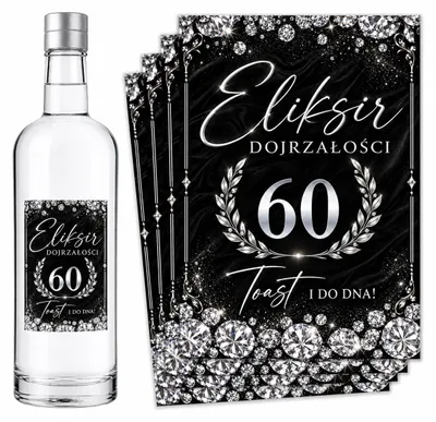 Produktbild von Flaschenetiketten – zum 60. Geburtstag – „Eliksir Dojrzałości” – Schwarz-Silber – 8 Stück