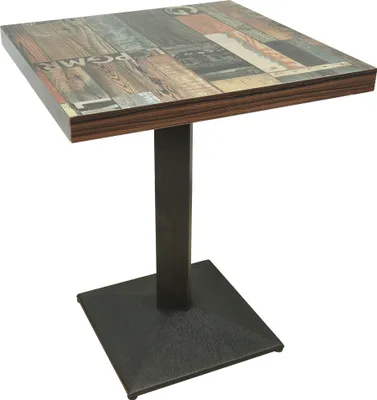 A square table with a wood-grain patterned top and a dark metal base, isolated on a white background.