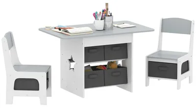 Immagine prodotto di AIYAPLAY Set Tavolo e Sedie per Bambini 3-8 Anni con 6 Cassetti e Bordi Arrotondati, in Legno e Tessuto, Grigio e Bianco