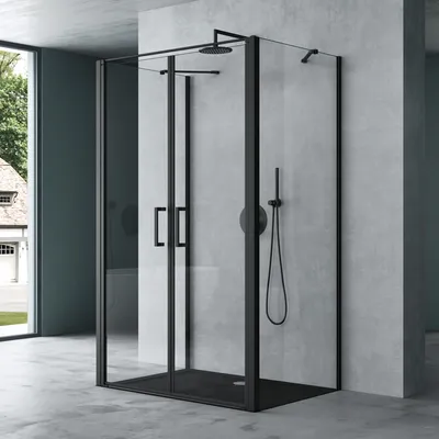 Produktbild von Mai & Mai Duschabtrennung 90x90 Duschkabine in U-Form Aluminiumrahmen ESG-Sicherheitsglas Klarglas Doppeltüre Schwarz Ravenna66UK