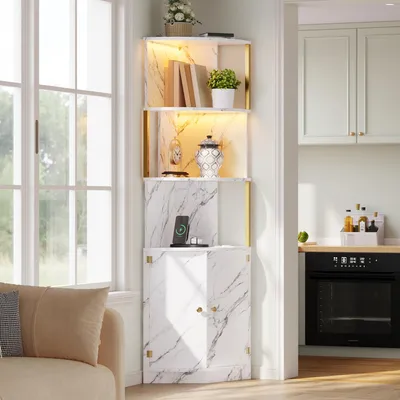 Produktbild von Flieks Eckschrank mit LED-Beleuchtung und Steckdosen, Aufbewahrungsschrank mit 2 Türen, Schrank 38x38x180cm für Küche, Esszimmer und Wohnzimmer, Weiß
