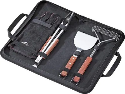 Produktbild von Famanu BBQ-Set 4-teilig - Edelstahl Grillbesteck mit Handschuh, Grillzange, Burgerwender, Grillbürste in Schwarz