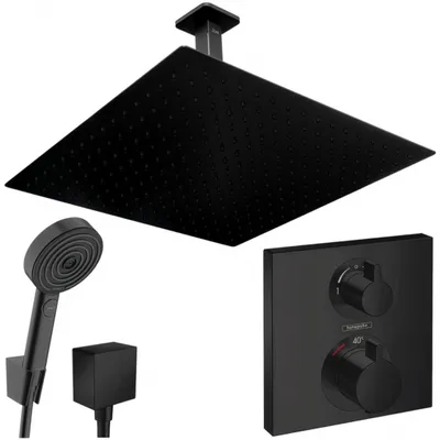 Produktbild von Hansgrohe und Jowi Unterputz Duschsystem Ecostat Square Thermostat, Schwarz, Duscharmatur mit 360mm Kopfbrause, Deckenanschluss, OHNE iBox