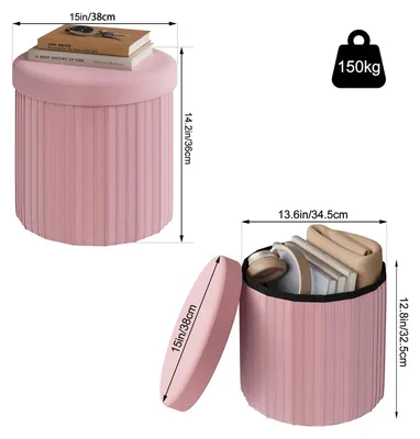 Image de Pouf rond - Petite banquette en velours - Rose - Pliable - Avec espace de rangement - Couvercle rembourré