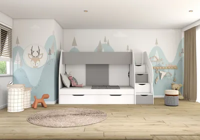 Produktbild von Hochbett Kinderbett Etagenbett Stockbett Boxspringbett Liegefläche: 80/200 cm mit Schubladen Weiss/Grau  mit Fantasy Matratzen Martin